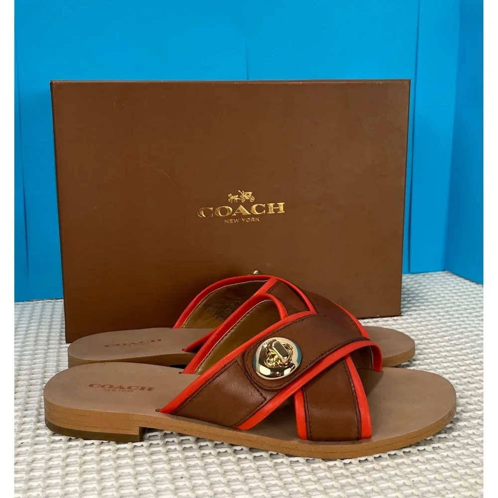 COACH Crossband‎ Sandals Slides Leather 6.5B Brown Orange Gold Hardware EUC